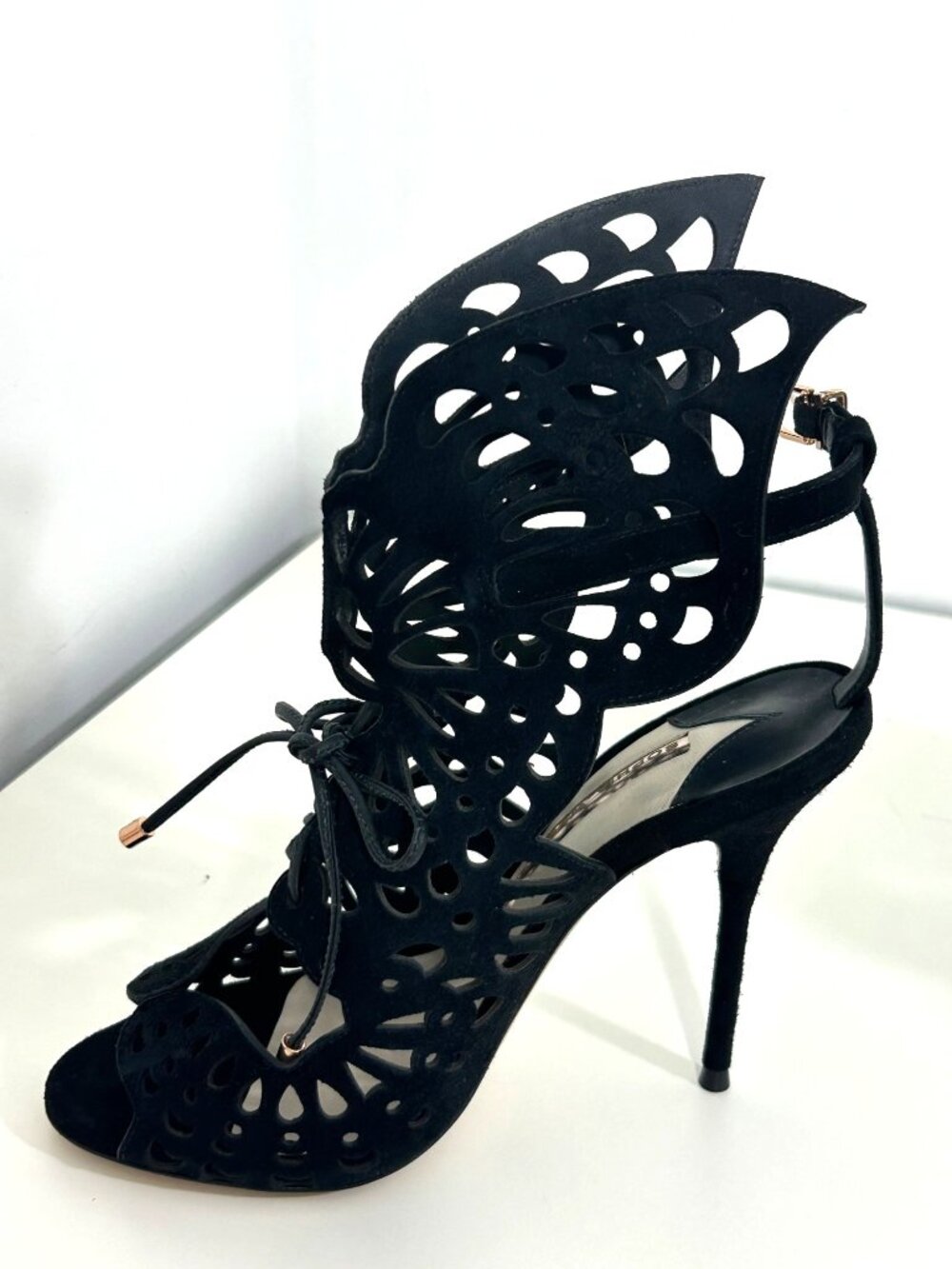 Sophia Webster Sandals EU 37 Black Suede Stiletto Butterfly Wings Laces Open Toe